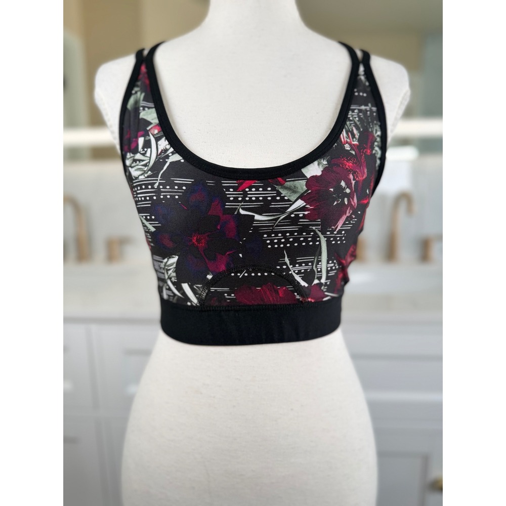 Active-B Sports Bra Womens M Black Floral Spandex Strappy Back Yoga Gym Workout